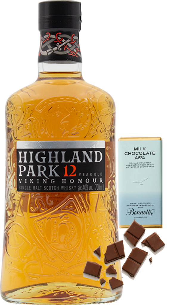 An image of a Highland Park 12YO Viking Honour Whisky Gift Box including a bar of hand-made Bennetts milk chocolate