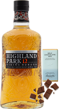 Load image into Gallery viewer, An image of a Highland Park 12YO Viking Honour Whisky Gift Box including a bar of hand-made Bennetts milk chocolate