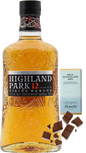 An image of a Highland Park 12YO Viking Honour Whisky Gift Box including a bar of hand-made Bennetts milk chocolate