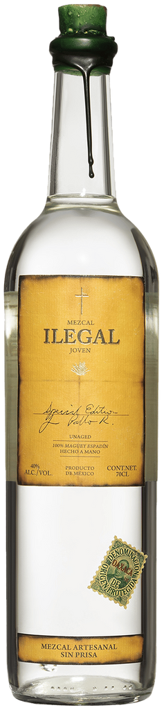 An image of a bottle of Ilegal Joven Mezcal from Oaxaca in Mexico. It has an impressive green wax sealed stopper.