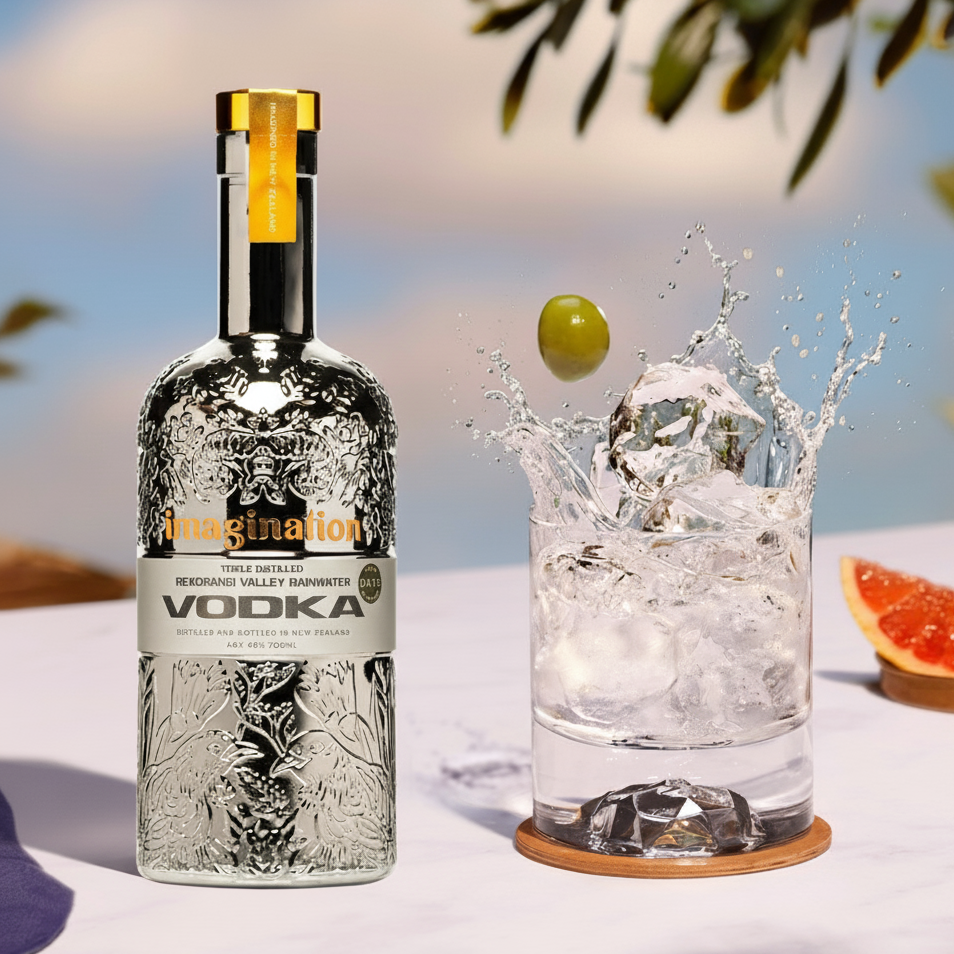 Bottle of Imagination Vodka with a cocktail being poured next to it on a table outdoors.