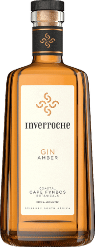 A bottle of Inverroche Amber Gin with a clear amber liquid visible through the transparent glass. The label displays the brand and product name, along with the volume of 750ml and the alcohol percentage of 43.