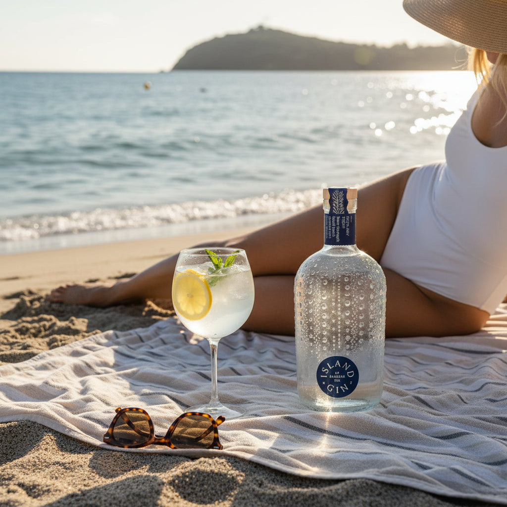 Load image into Gallery viewer, A bottle of Island Navy Strength Gin and a glass of cocktail on a beach towel on the sand, with a woman reclining in the background on a sunny beach.