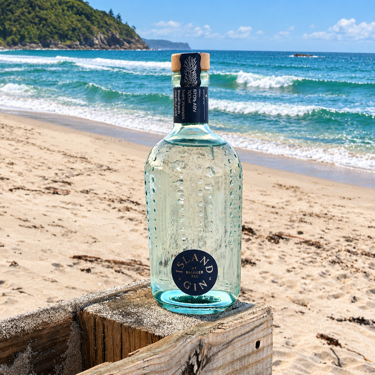 Load image into Gallery viewer, A clear glass bottle of Island Navy Strength Gin with a cork stopper and dark blue label, placed on a wooden crate on a sandy beach with the ocean waves in the background.