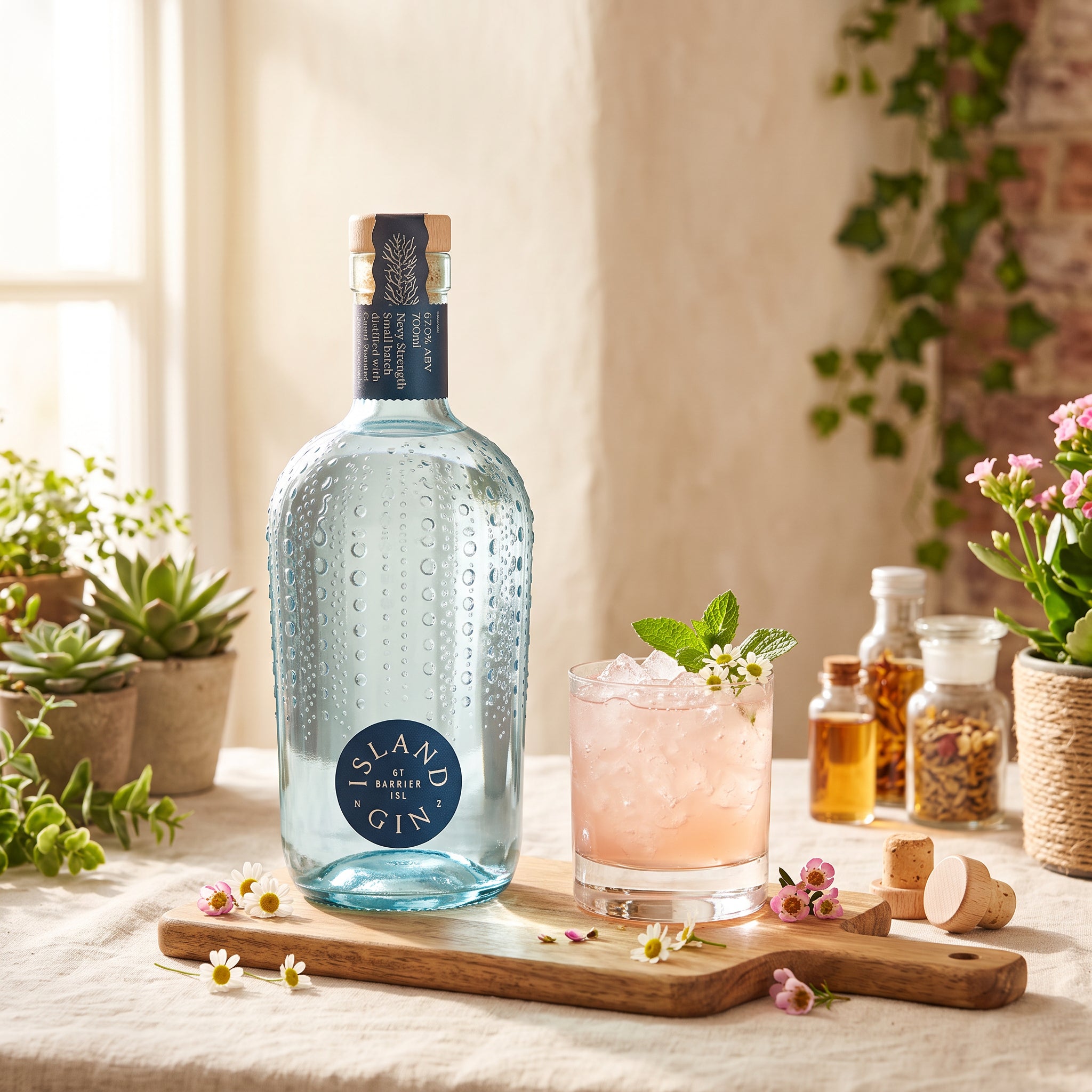 Load image into Gallery viewer, A clear glass bottle of Island Navy Strength Gin with a blue label and cork stopper stands on a wooden board beside a pink gin cocktail with mint and a flower, in a styled indoor setting with plants and small bottles.