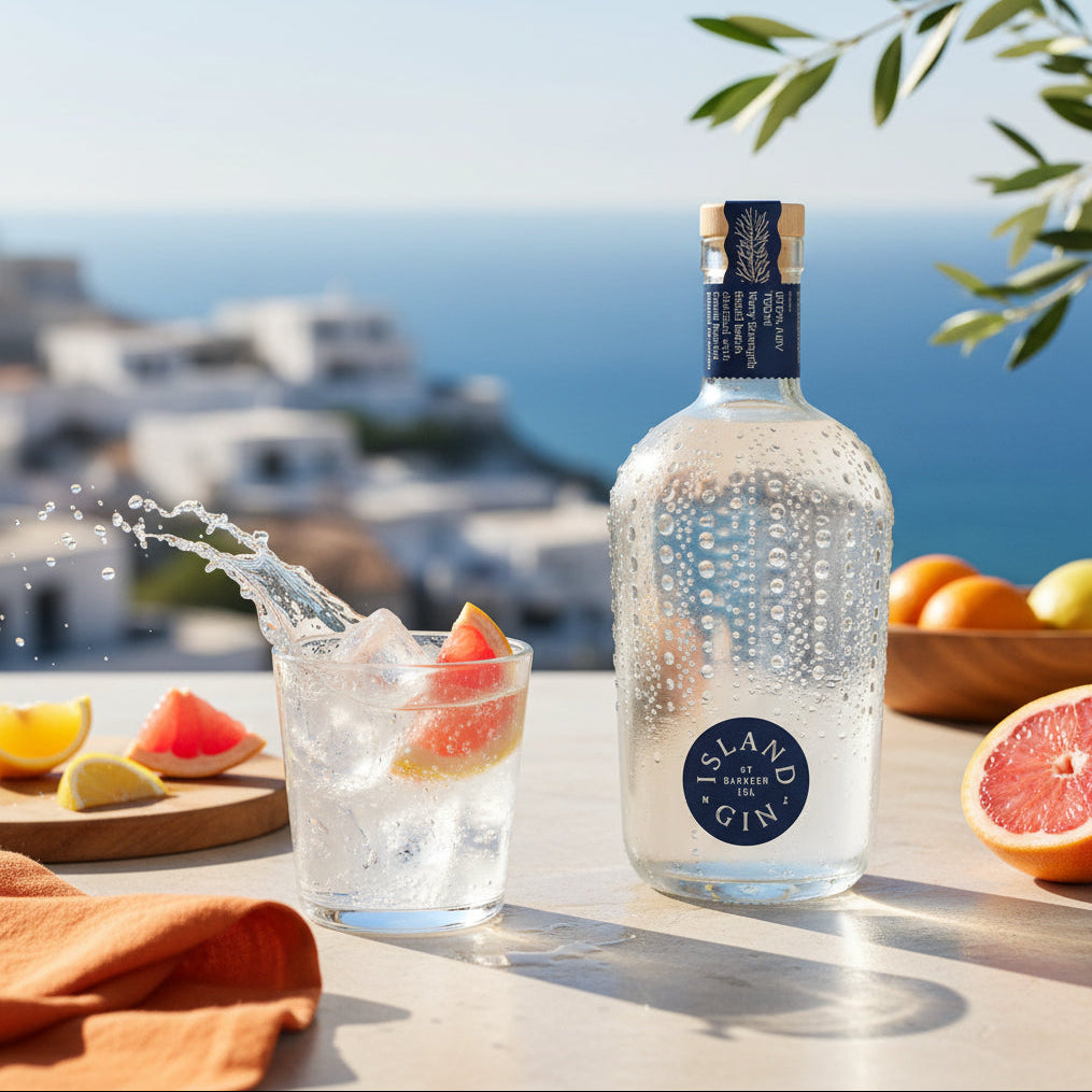 Load image into Gallery viewer, A bottle of Island Navy Strength Gin next to a cocktail surrounded by citrus on a summer day with a blurred ocean background.