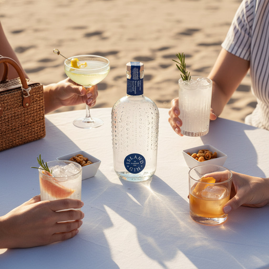 Load image into Gallery viewer, A bottle of Island Navy Strength Gin sits on a white tablecloth at a beachside gathering, surrounded by people holding cocktails. The scene features warm sunlight, a sandy beach background, and a woven straw bag on the left.