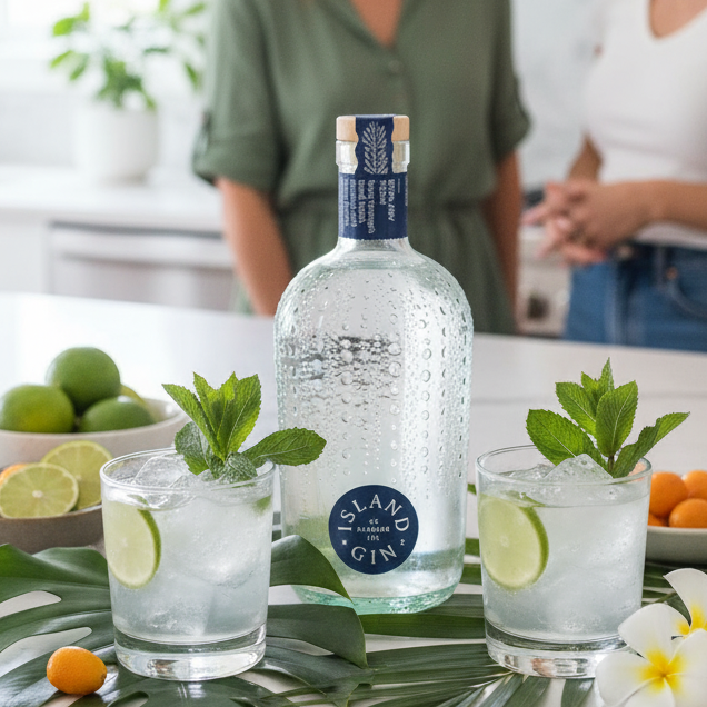 Bottle of Island Navy Gin with two glasses of gin and tonic garnished with lime and mint leaves, set against a blurred background of people.