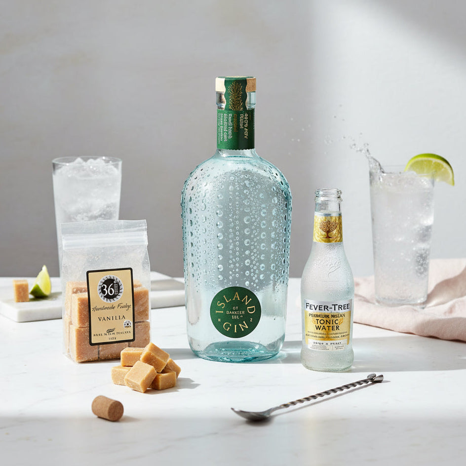 Load image into Gallery viewer, Bottle of Island Original Gin with a glass of ice and lime, Fever-Tree tonic water, vanilla candy, and a lemon wedge on a white surface.