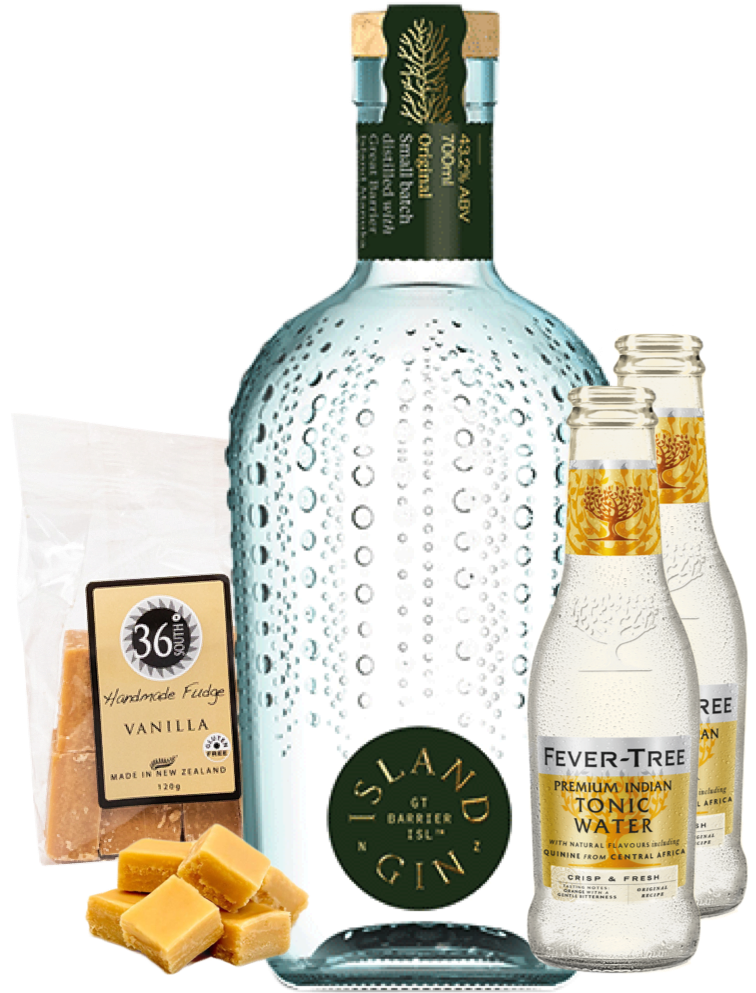 Load image into Gallery viewer, Bottle of Island Original Gin with Fever-Tree tonic water and vanilla fudge on a white background