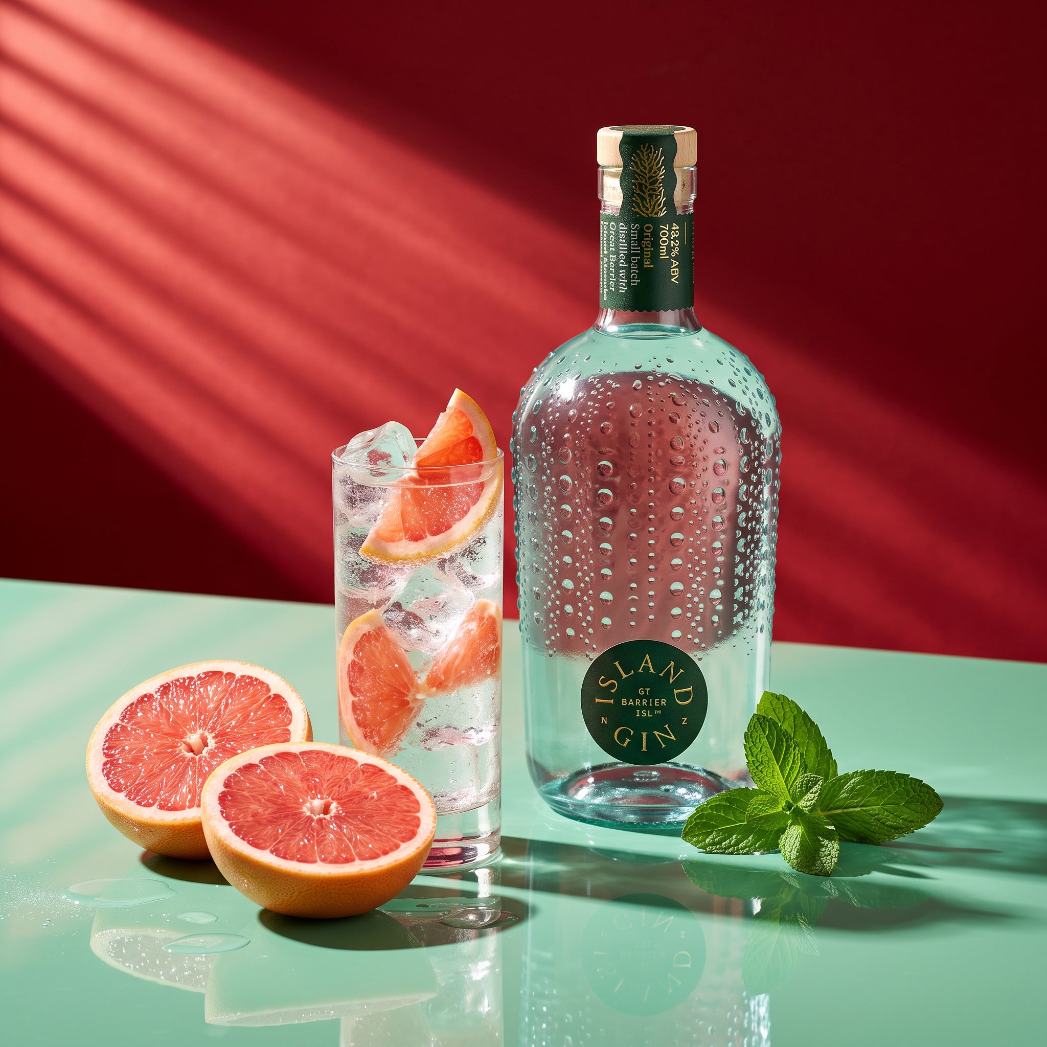 Load image into Gallery viewer, A bottle of Island Original Gin stands on a glossy mint-green surface beside a glass of gin with grapefruit slices and mint, with halved grapefruit and a mint sprig in the foreground against a deep red background with diagonal light shadows.