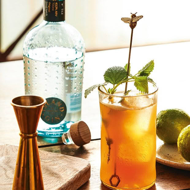 Bottle of gin, cocktail glass with drink and garnish, and jigger on a wooden surface.