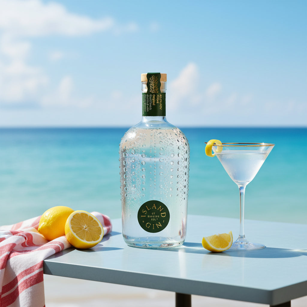 Load image into Gallery viewer, A bottle of Island Original Gin stands on a light blue table beside a martini glass with a lemon twist, with lemons, a striped cloth, and the ocean in the background.