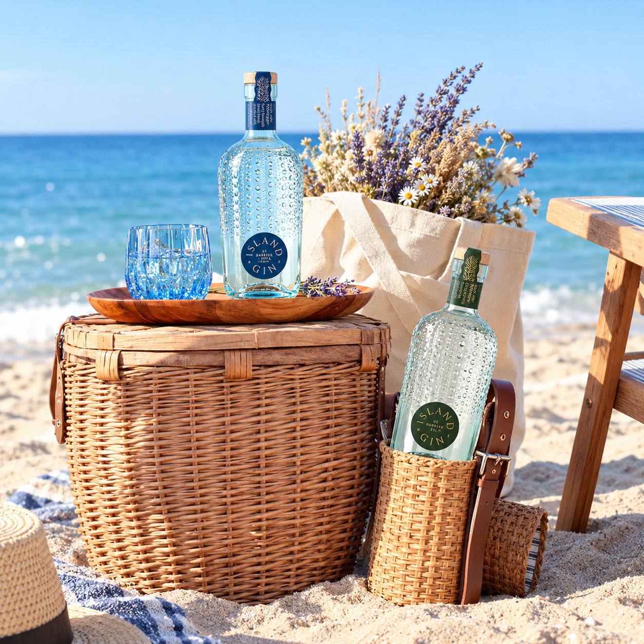 Load image into Gallery viewer, Two Island Gin bottles displayed on a sandy beach next to a large woven basket, a glass, a paper bag filled with dried lavender, and a wooden stool by the ocean.