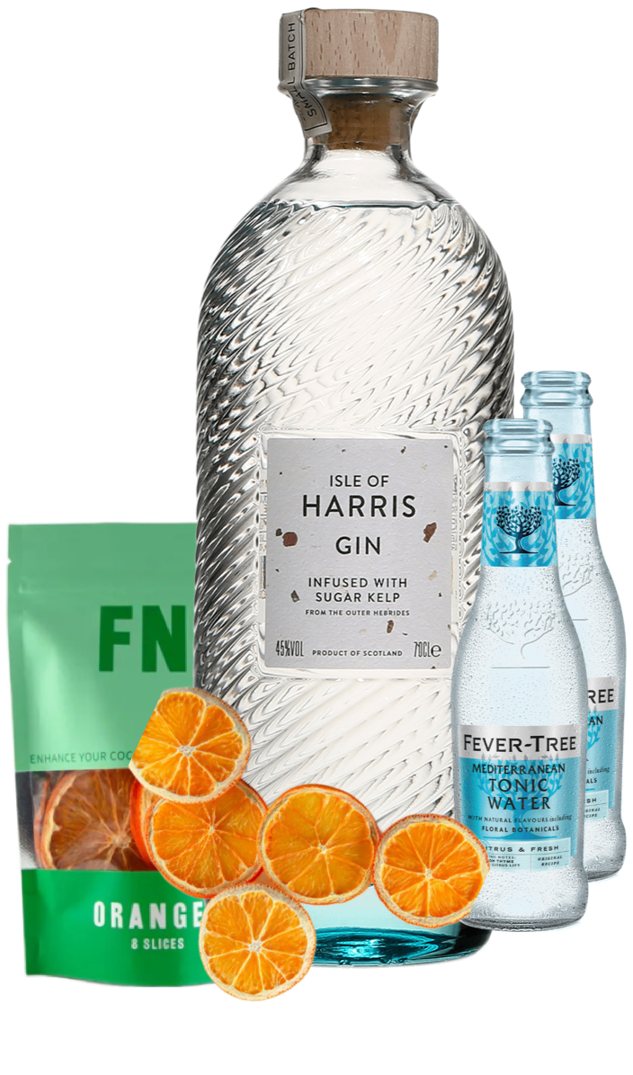 An image of a Isle of Harris Gin Gift Box with two Fever-Tree Tonic waters and a pouch of hand-crafted orange slices