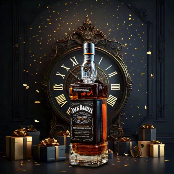 Load image into Gallery viewer, Jack Daniel's whiskey bottle in front of a decorative clock with gift boxes around