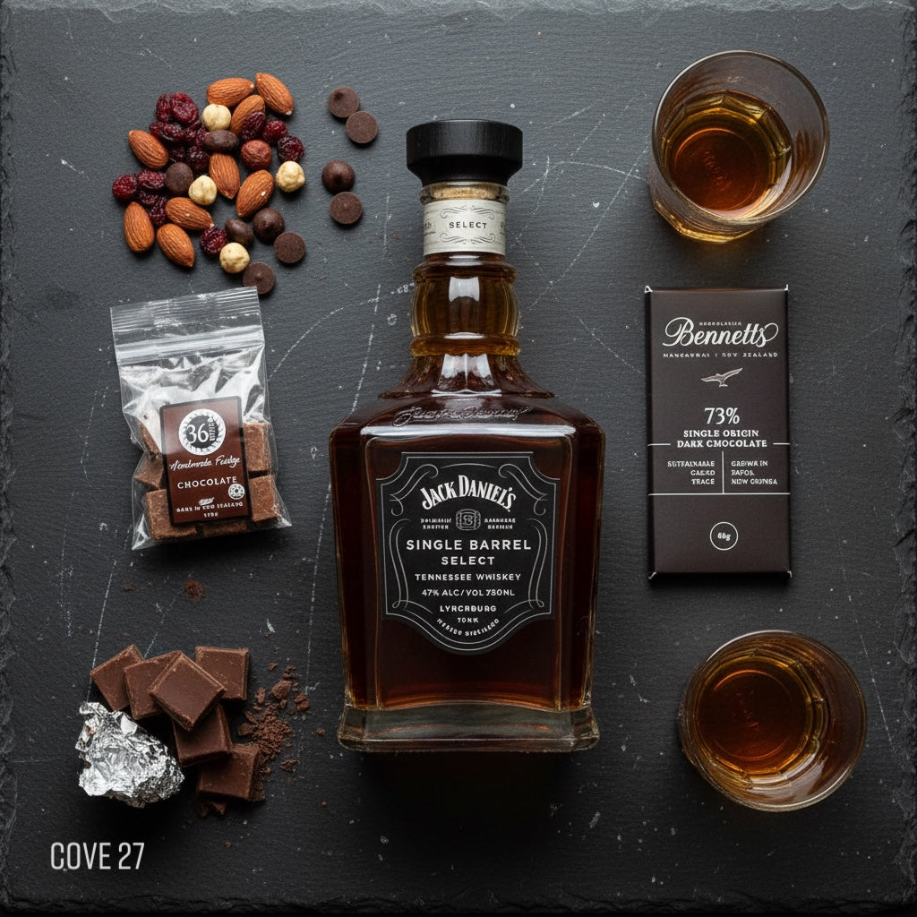 Load image into Gallery viewer, Jack Daniel's Single Barrel SELECT whiskey bottle with BENNETTS DARK chocolate, 36 DEGRESS CHOCOLATE FUDGE and nuts on a dark surface