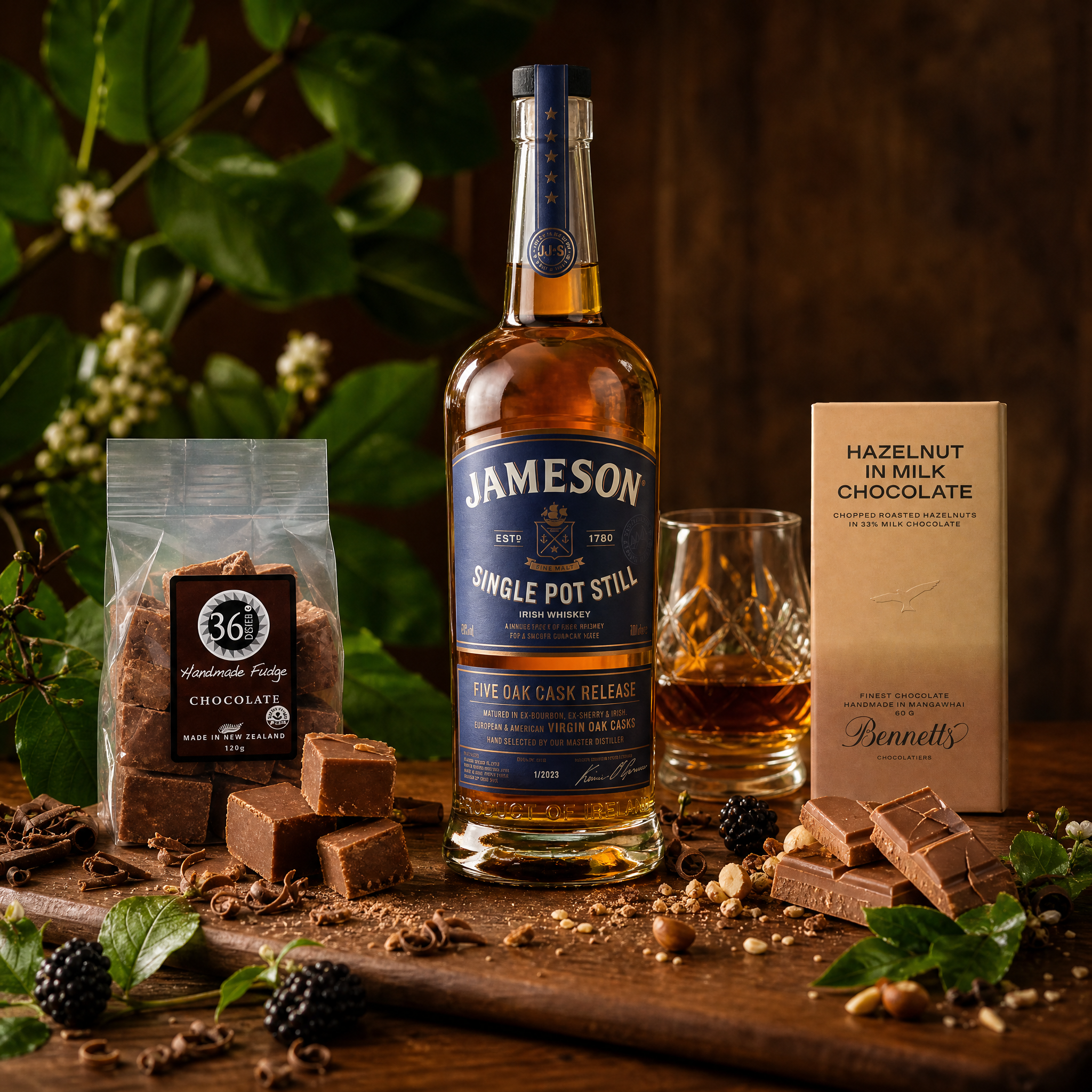Load image into Gallery viewer, Jameson single pot still whiskey bottle with chocolate bars and a glass on a wooden surface