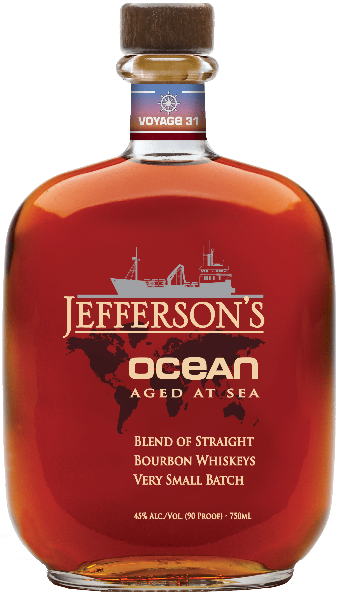 Load image into Gallery viewer, A bottle of Jefferson's Ocean Aged at Sea Bourbon Whiskey, featuring a rich amber-brown liquid inside a clear glass bottle with a red label and a dark brown wooden cap.