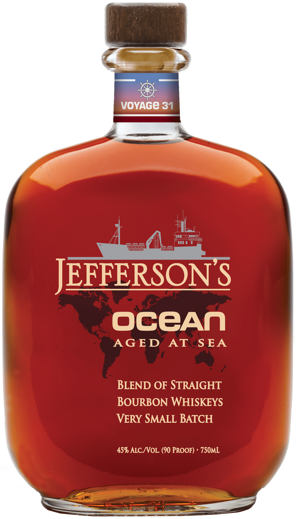 A bottle of Jefferson's Ocean Aged at Sea Bourbon Whiskey, featuring a rich amber-brown liquid inside a clear glass bottle with a red label and a dark brown wooden cap.