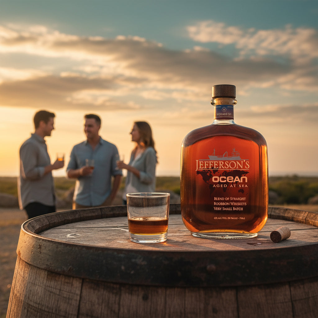 Load image into Gallery viewer, A bottle of Jefferson's Ocean Aged at Sea Bourbon Whiskey and a small glass of the amber liquid sit on a wooden barrel outdoors at sunset, with three blurred people standing in the background.