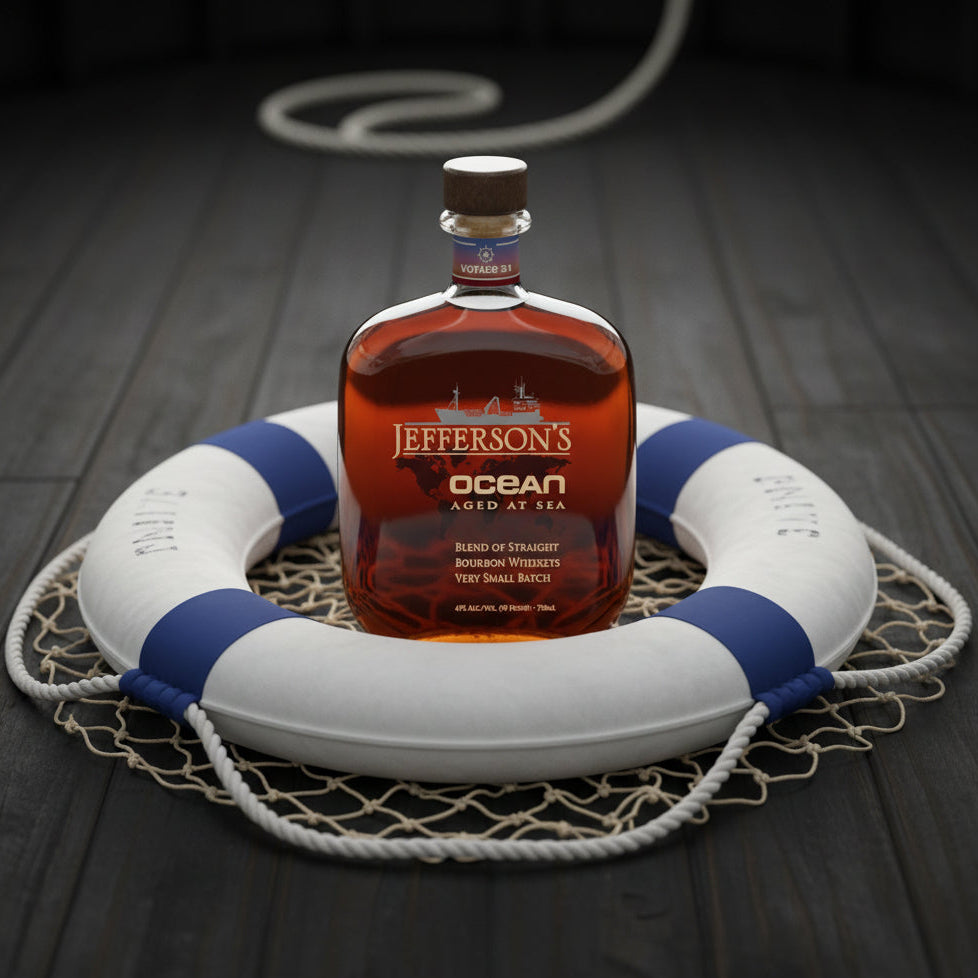 Load image into Gallery viewer, A bottle of Jefferson's Ocean Aged at Sea Bourbon Whiskey is centered on a white and blue life preserver float resting on a fishing net over a dark wooden surface.