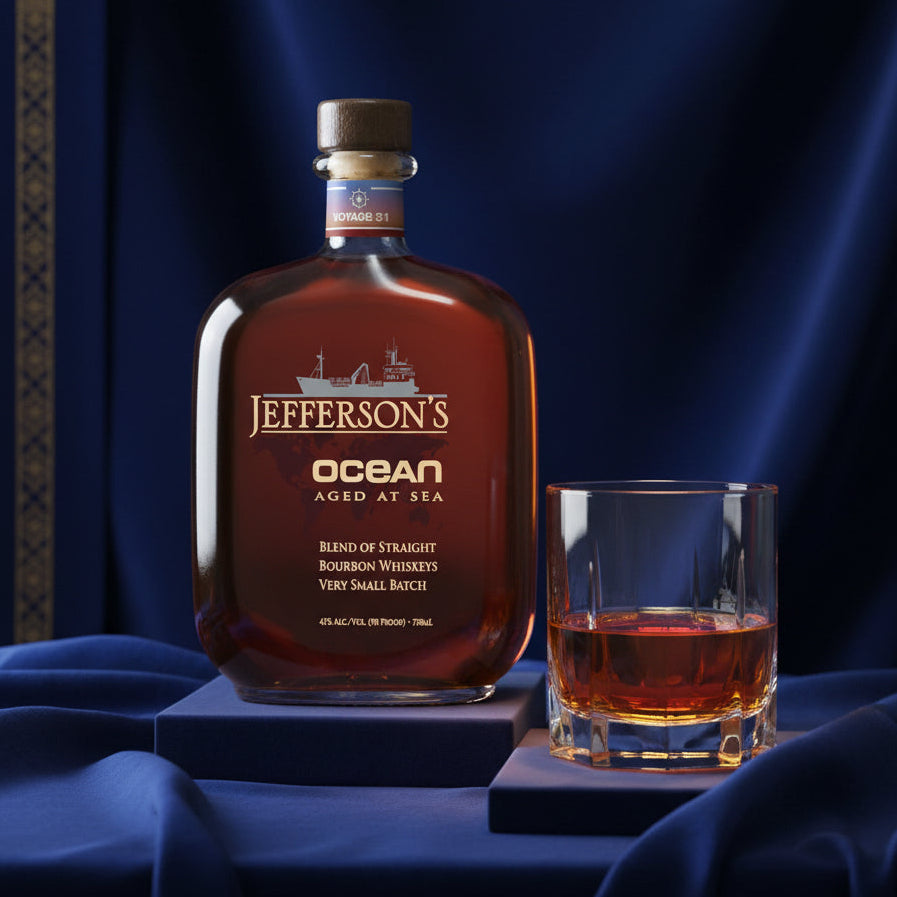 Load image into Gallery viewer, A bottle of Jefferson's Ocean Aged at Sea Bourbon Whiskey stands on a pedestal next to a glass tumbler filled with the amber liquid, set against a draped dark blue fabric background.