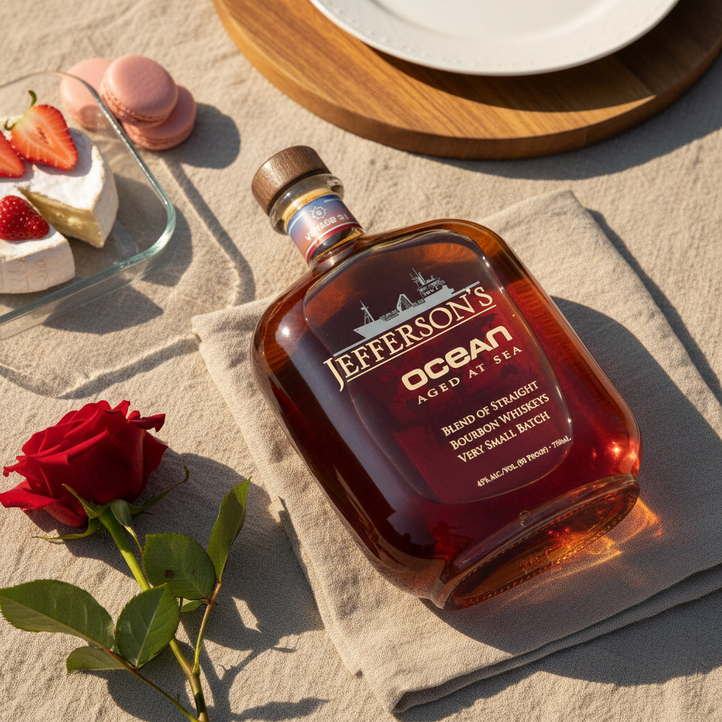 Load image into Gallery viewer, A bottle of Jefferson's Ocean Aged at Sea Bourbon Whiskey is styled on a beige linen cloth with a red rose, a slice of strawberry cake, and macarons in a warm, sunny setting.