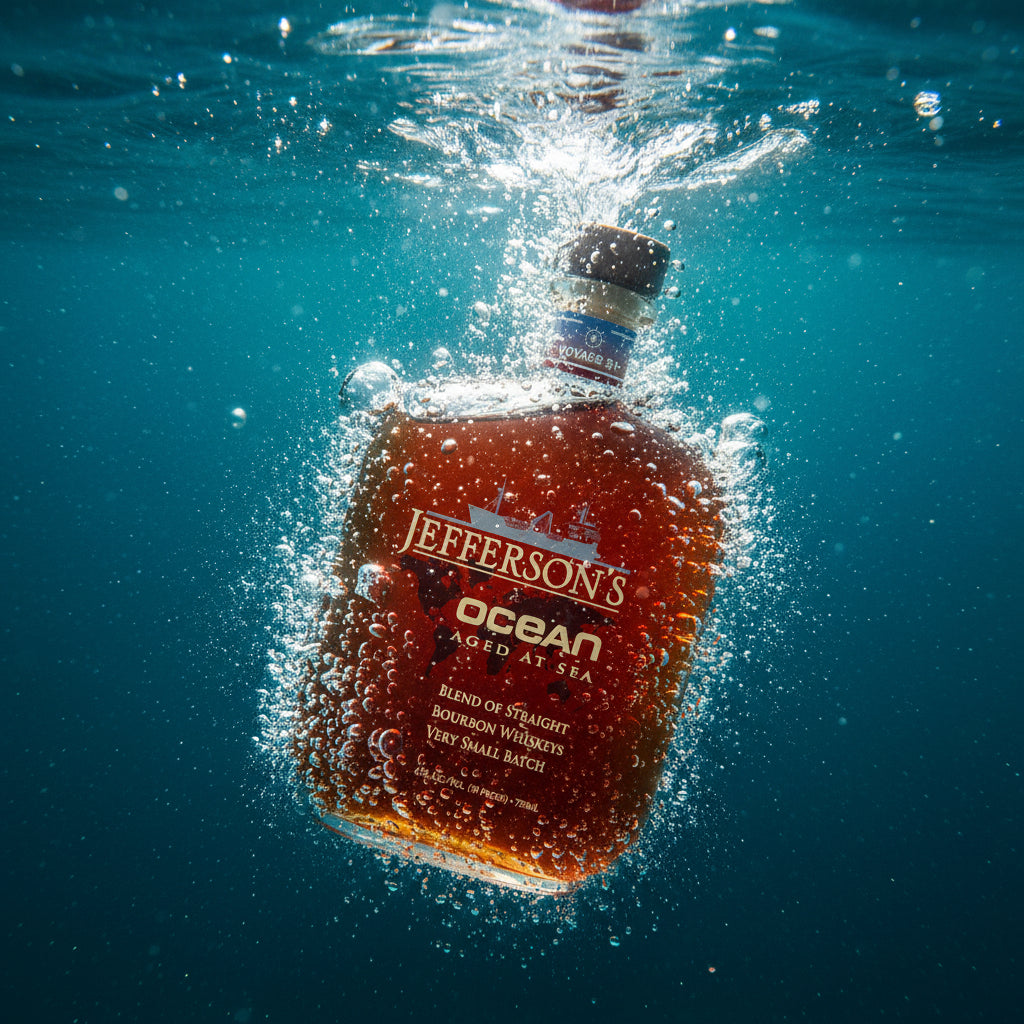Load image into Gallery viewer, A bottle of Jefferson's Ocean Aged at Sea Bourbon Whiskey floating underwater in clear blue water with bubbles around it.