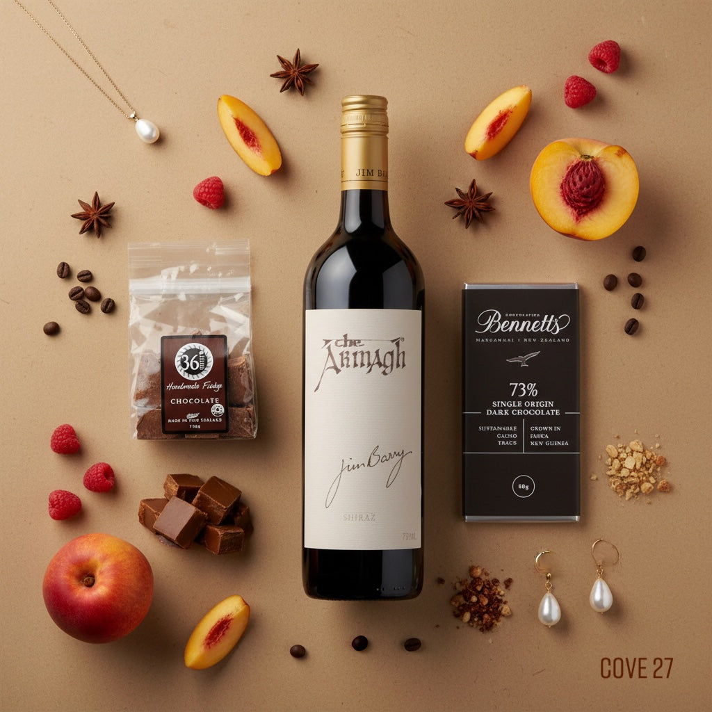 Load image into Gallery viewer, Jim Barry The Armagh Shiraz Wine bottle, glass, BENNETTS DARK chocolate, 36 Degrees chocolate fudge packet, fruits, and jewellery on a beige background