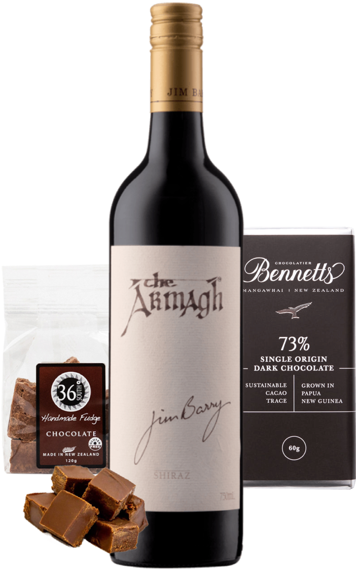 Bottle of Jim Barry Armagh red wine with a packet of 36 Degrees chocolate fudge and a box of Bennett's chocolate on a white background