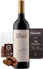 Load image into Gallery viewer, Bottle of Jim Barry Armagh red wine with a packet of 36 Degrees chocolate fudge and a box of Bennett&#39;s chocolate on a white background