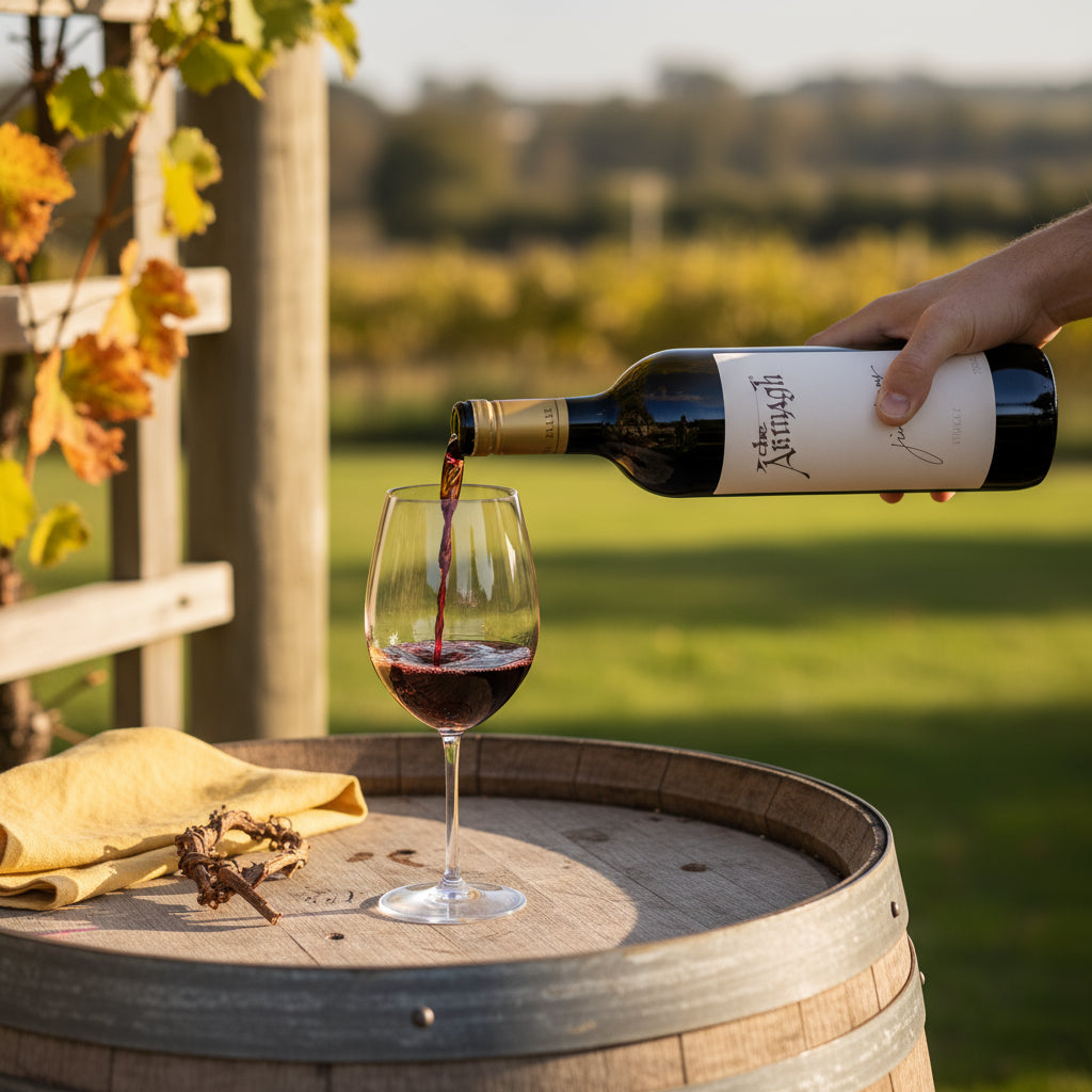 Person pouring red wine from a bottle into a glass on a wooden barrel with a vineyard background.