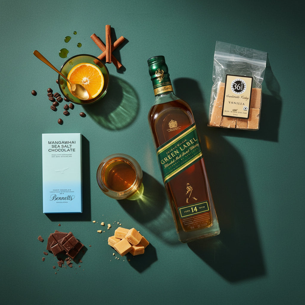 Load image into Gallery viewer, A styled flat-lay featuring a bottle of Johnnie Walker Green Label 14 Year Old whisky, a bar of Bennetts Sea Salt  Chocolate, a glass of whisky, and a bag of 36 Degrees vanilla fudge on a dark teal background.