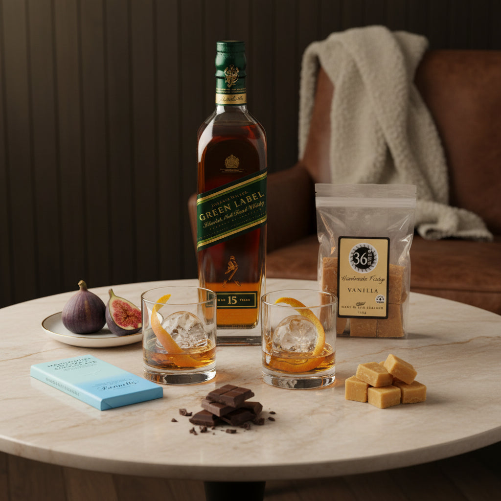 Load image into Gallery viewer, A styled tabletop scene with a bottle of Johnnie Walker 15 Year Scotch whisky, two rocks glasses filled with amber liquid and orange peel, a bag of 36 Vanilla Continuous Candy, chocolate pieces, figs, and a blue wrapper on a round marble table in a warm indoor setting.