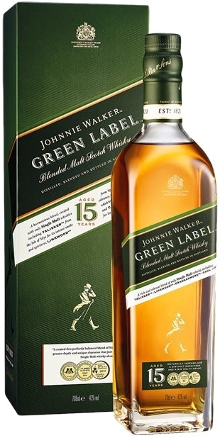 An image of a bottle of Johnnie Walker Green Label 15YO Scotch Whisky next to it's handsome gift box