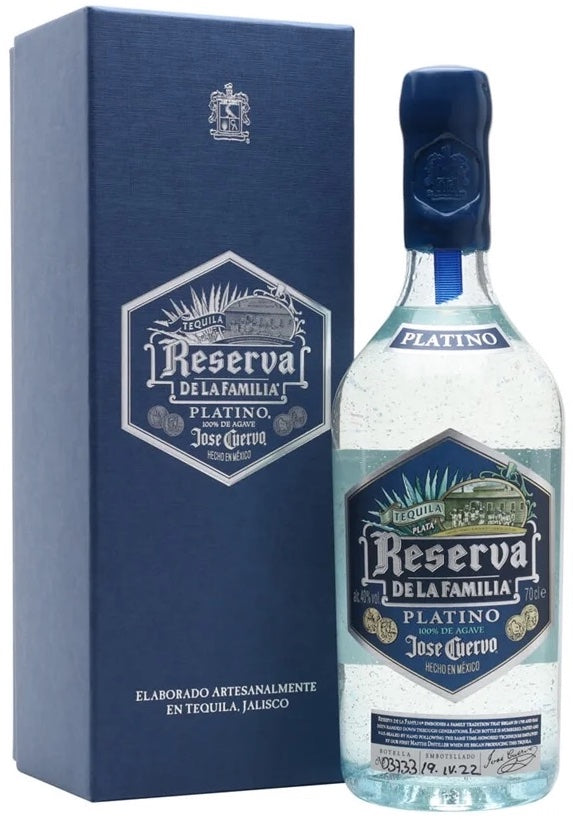 An image of a bottle of Jose Cuervo Reserva de la Familia Platino Tequila next to its gift box