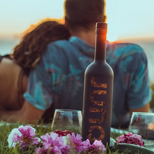 Couple sitting by a lake with a bottle of Juno Fine Gin and glasses on a grassy area.