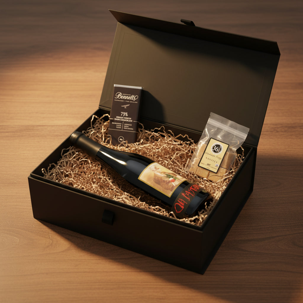 Load image into Gallery viewer, Black luxury gift box with a bottle of Kaesler Old Bastard Shiraz red wine, chocolate bar, and other items on a wooden surface