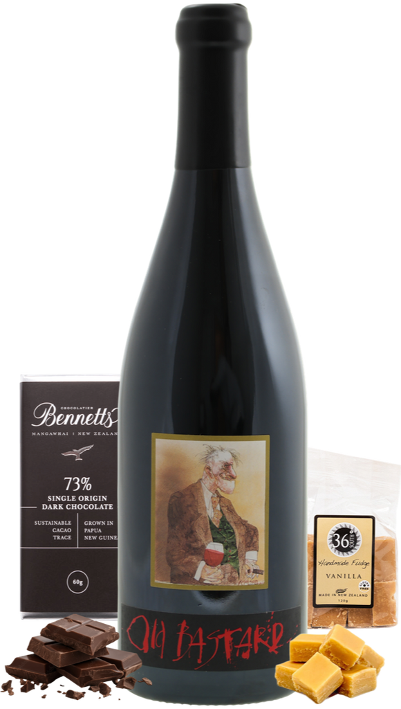 Kaesler Old Bastard Shiraz Gift Box red wine bottle, next to a box of chocolates and vanilla fudge.