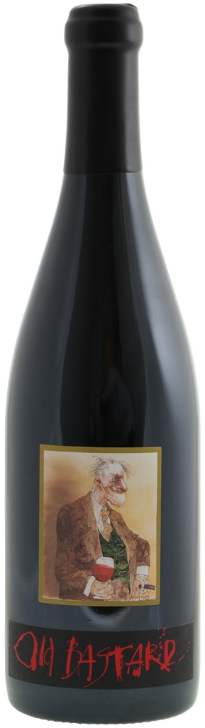 A bottle of Kaesler 'Old Bastard' Shiraz with a label featuring an illustration of an older gentleman. The background is transparent.