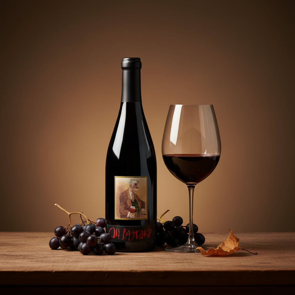 Kaesler_Old_Bastard_Shiraz wine bottle with label, glass of red wine, and grapes on a wooden table.