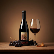 Load image into Gallery viewer, Kaesler_Old_Bastard_Shiraz wine bottle with label, glass of red wine, and grapes on a wooden table.