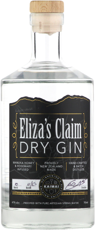 An image of a bottle of the crystal clear Eliza's Claim Dry Gin 700ml