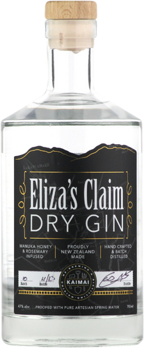 An image of a bottle of the crystal clear Eliza's Claim Dry Gin 700ml