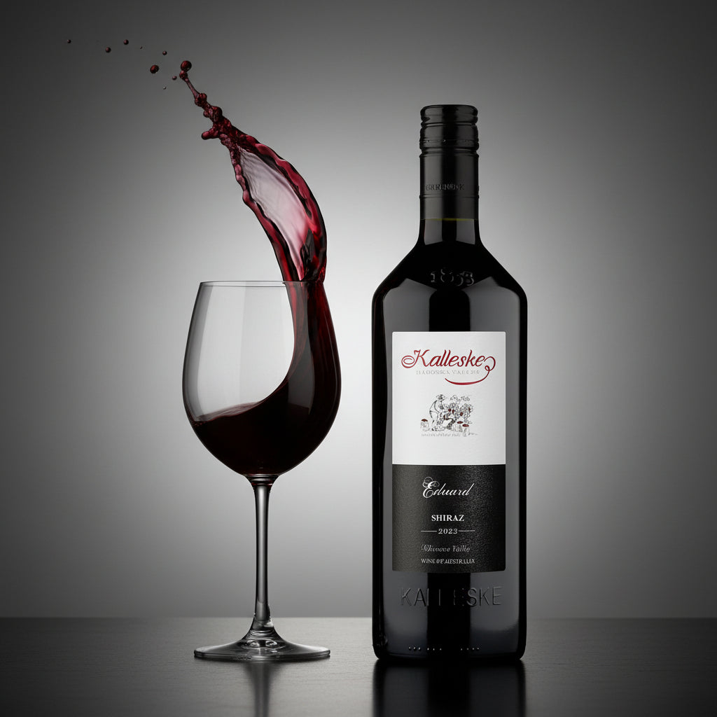 Load image into Gallery viewer, Bottle of Kalleske Eduard Shiraz red wine with a glass and splashing wine on a gray background