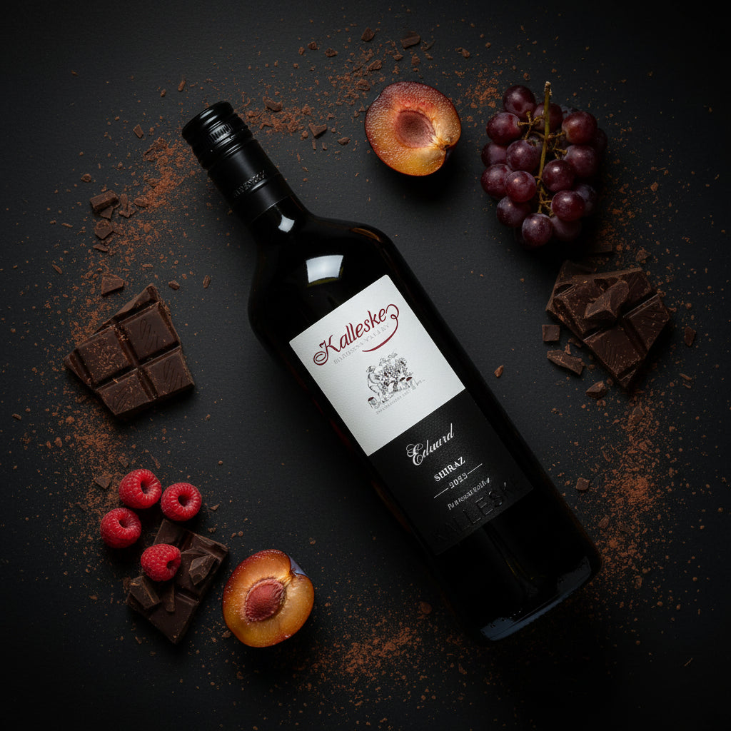 Load image into Gallery viewer, Bottle of Kalleske Eduard Shiraz red  wine with fruits and chocolate on a dark surface