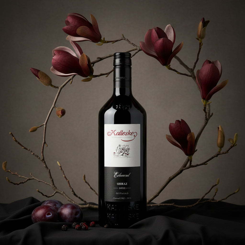 Load image into Gallery viewer, Kalleske Eduard Shiraz red wine bottle with a label in front of floral branches and plums on a dark background