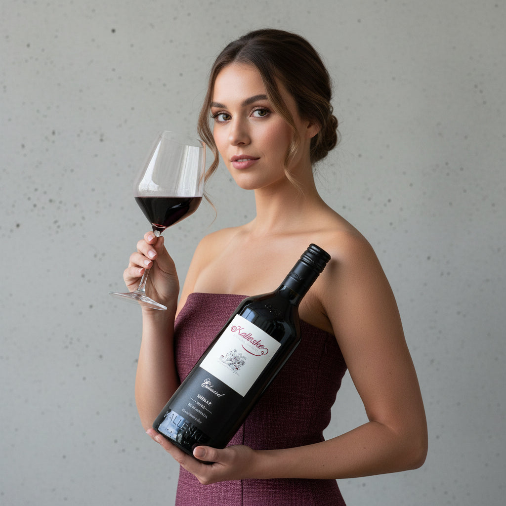 Load image into Gallery viewer, Woman holding a Kalleske Eduard Shiraz red wine bottle and glass of red wine against a grey background