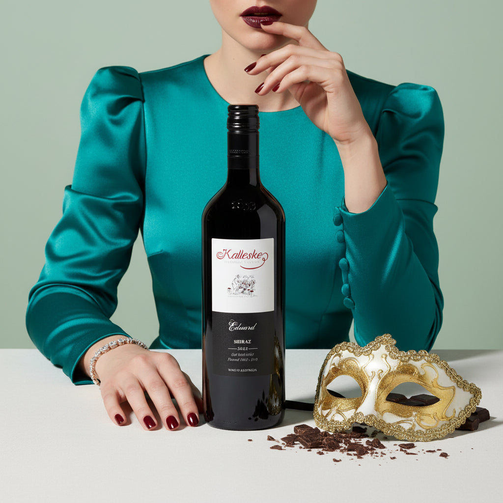Load image into Gallery viewer, Woman in teal blouse holding a bottle of Kalleske Eduard Shiraz red wine with a gold mask on a white surface.